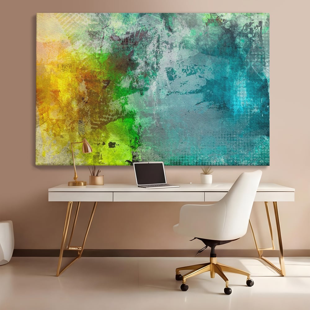 Tablou canvas cu tablou canvas cu compozitie abstracta, fara rama, pe sasiu de lemn, pe perete intr-un birou